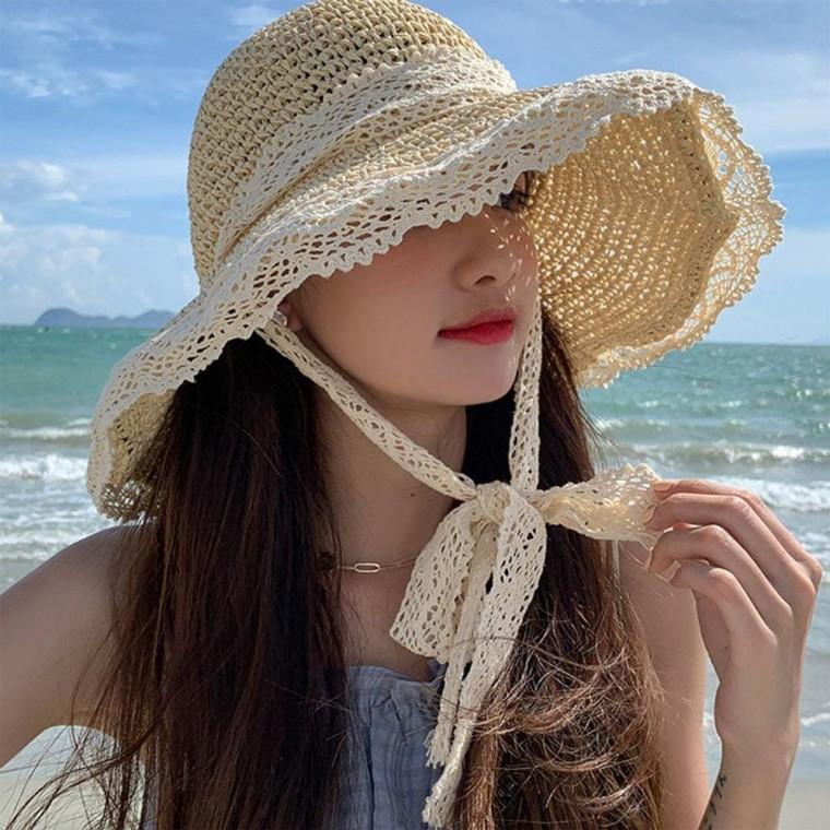 여름 왕골모자 밀집모자 레이스끈 바캉스모자 예쁜 여성 라피아 바캉스 돌돌이 밀짚 여름 챙넓은 썬캡 모자