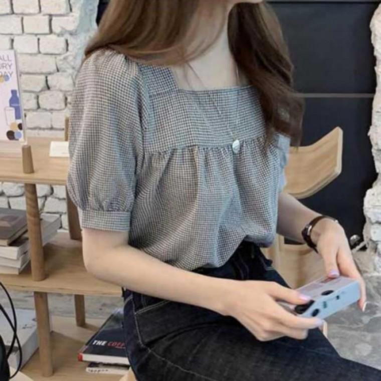 셔링 블라우스 소개팅 상의 인기 체크 여름블라우스 여성 반팔 여름 데이트룩