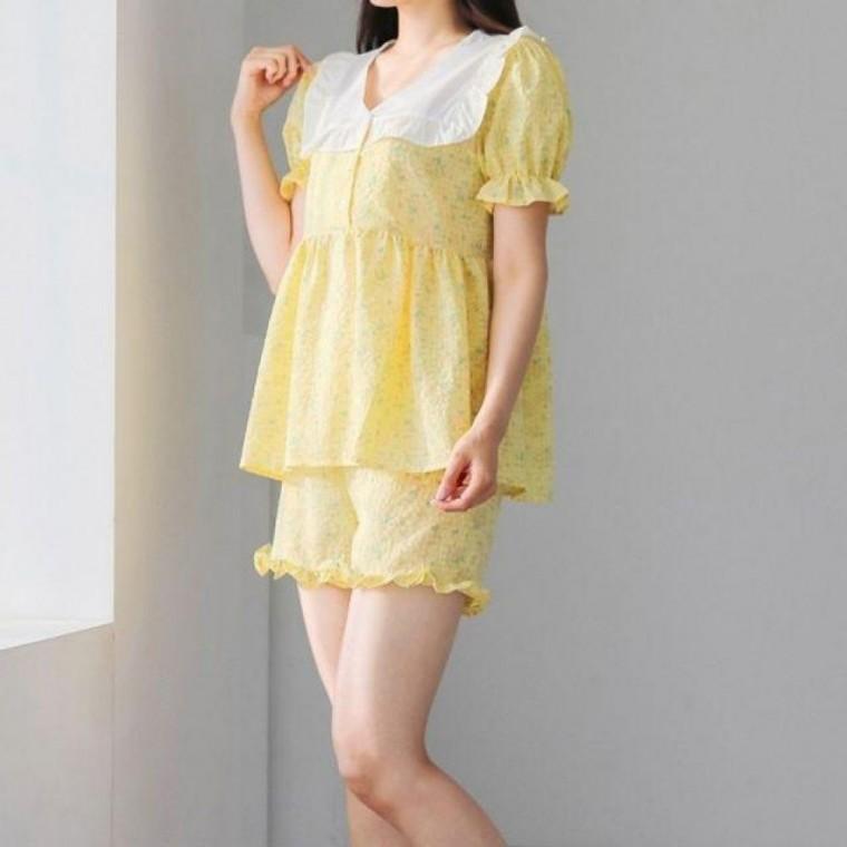 프릴 잠옷 옐로우 여름잠옷 투피스 파자마 잠옷 여성 여름 파자마 홈웨어