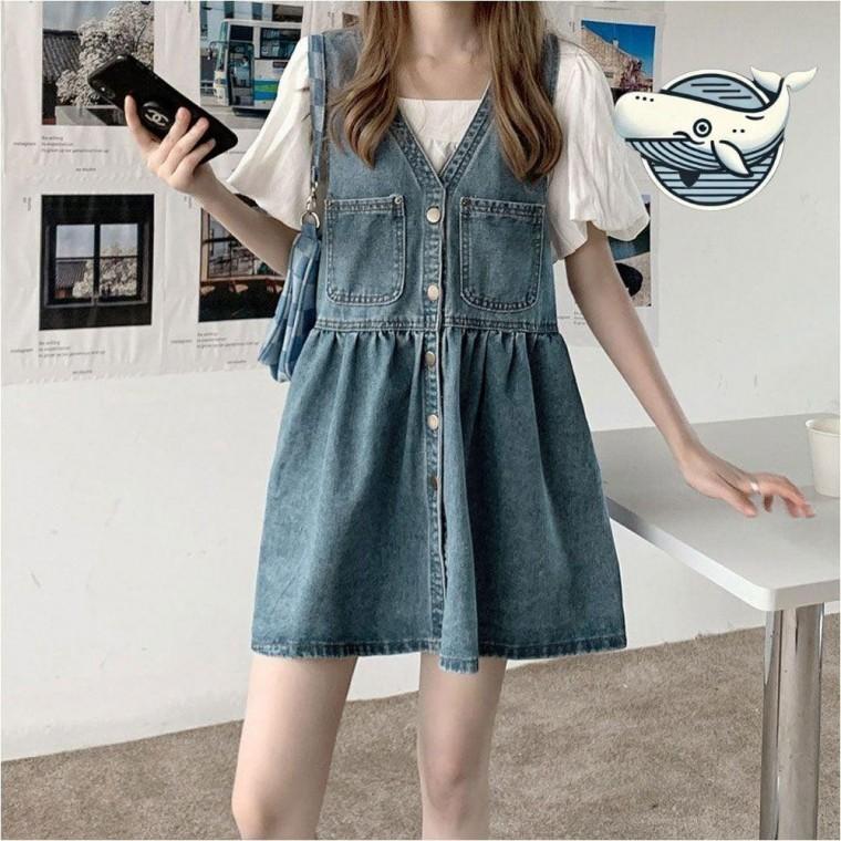 캐주얼 브이넥 데님 민소매 원피스 여름 통통한 롱청 머메이드 스커트 여성롱치마 여름 맥시 데님 플레어
