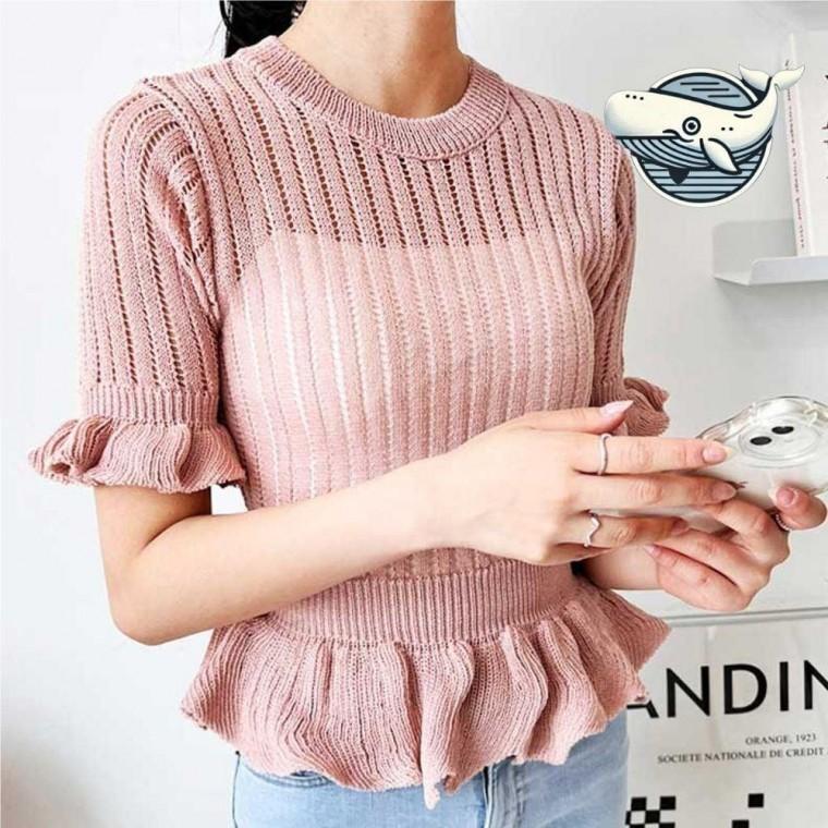 여름 필수 데일리 프릴 소매 니트웨어 경량 크롭 카라 썸머 롱 스퀘어넥 여름 펀칭 여성 긴팔