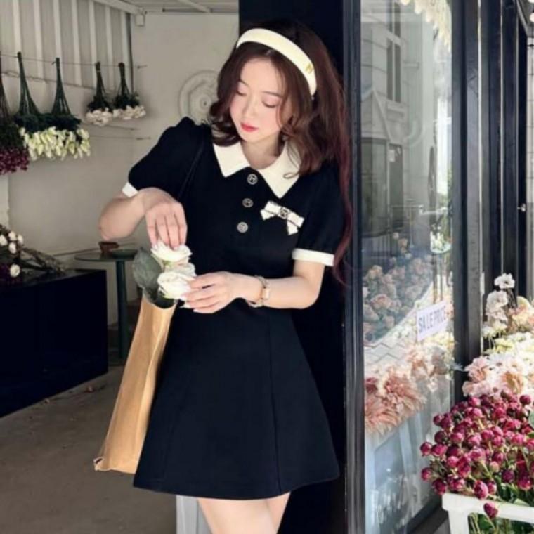 여름미니원피스 원피스 반팔미니원피스 미니 여성 하객룩 치마 리본 여름 브로치 블랙 A라인