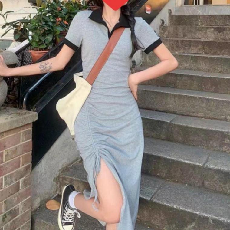 여름원피스 반팔 카라 여름 옆셔링 치마 배색 카라원피스 트임 데일리 여성 원피스