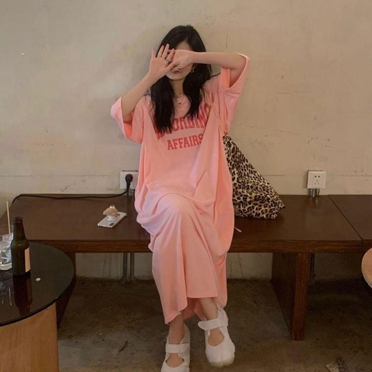 여름원피스 데일리 레터링 여성 여름 캐주얼원피스 원피스 반팔 캐주얼 영문 롱