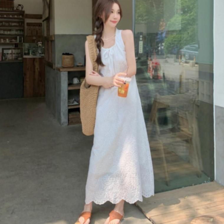 여름원피스 여성 리본 스트링 자수 펀칭 민소매 치마 롱 원피스 여름 민소매원피스
