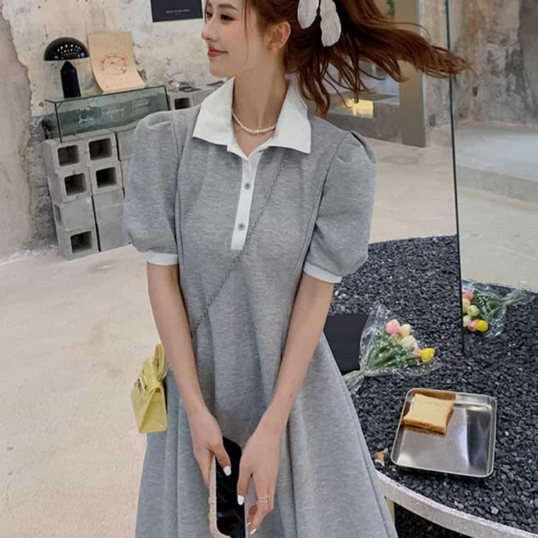 카라 반팔 롱드레스 A라인드레스 퍼프소매원피스 여성롱드레스 여름롱드레스 여름원피스