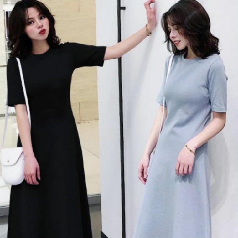 반팔원피스 데이트룩 원피스 반팔 롱원피스 무지 여름원피스 여성 A라인 롱 여름 심플