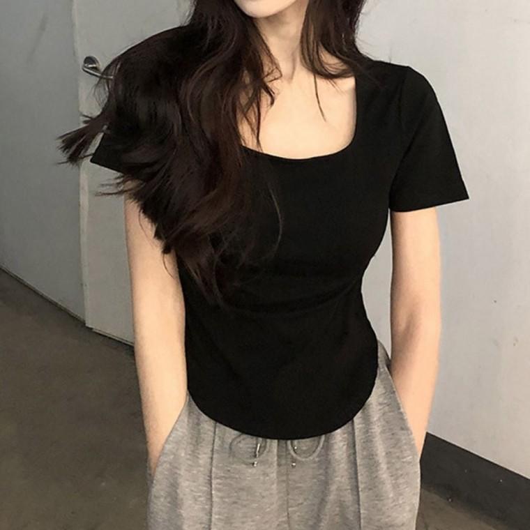 스퀘어넥티셔츠 여름티셔츠 트임티셔츠 여름 밑단 2컬러 반팔트임티셔츠 심플