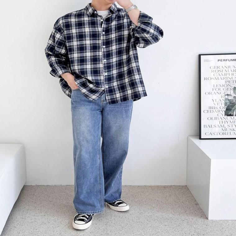 남성 커플 모노 오버핏체크남방