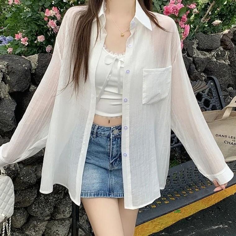 여름 외출 주름 포인트 프렌치 긴팔 얇은 셔츠 여성 간절기 환절기