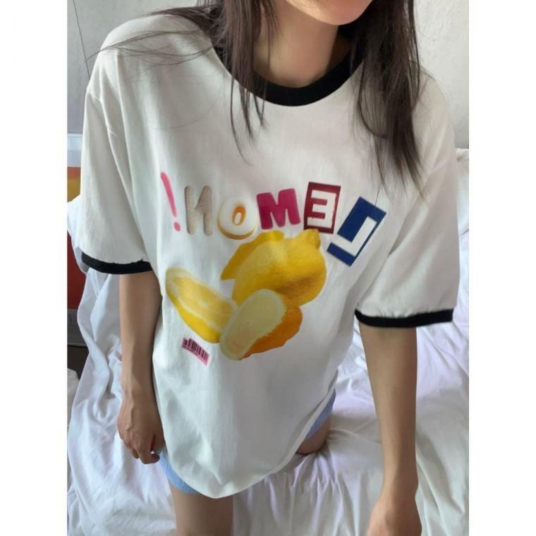 레몬 배색 반팔티 과일티 여름반팔 과일 반팔 멜로워 배색 레몬 나염 티 여름