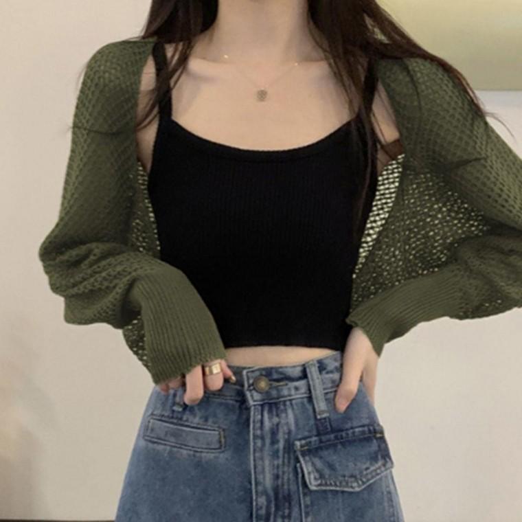 여름 카키색 볼레로가디건 그물 비치 바캉스 니트볼레로가디건 시스루가디건 여름 퍼프가디건 크롭볼레로