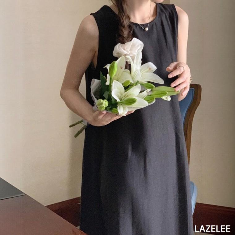 레이즐리 블랙 백슬릿 A라인 슬리브리스 롱 원피스 여름 린넨 나시 민소매 하객 바캉스 휴양지룩 여름원