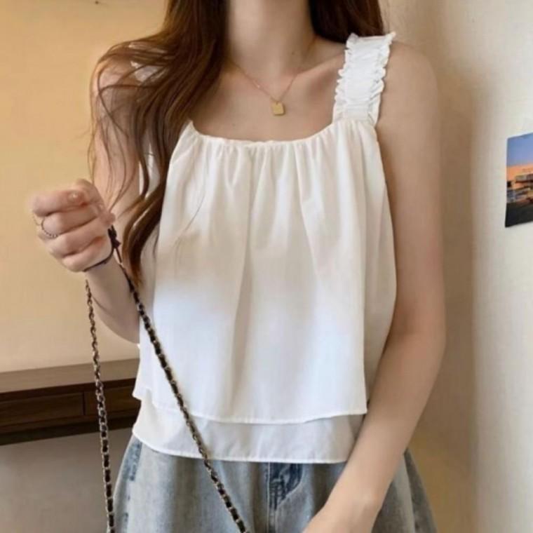 여성 주름 여름 크롭 민소매 블라우스 숄더 세련된 원픽
