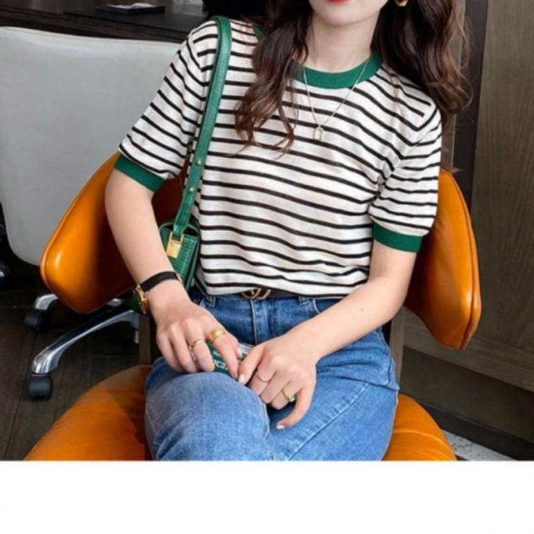 배색 스트라이프 반팔 여름니트 여름 캐주얼룩 편안한티셔츠 반팔티 니트