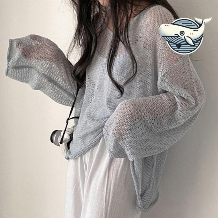 여름 스타일 그물 니트 루즈핏 세미 크롭 반팔 롱 스퀘어넥 카라 여름 탑 티셔츠 티 루즈핏