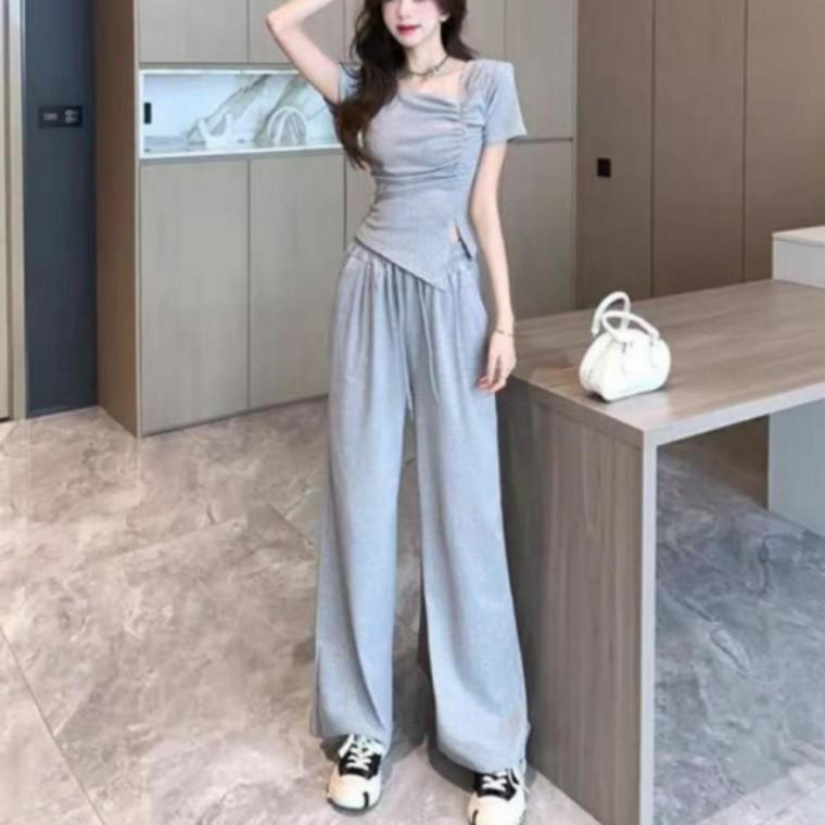 여름 반팔 투피스 셋업 와이드 밴딩 팬츠 세트 트레이닝복 공항패션 쿨셋업 p6513b