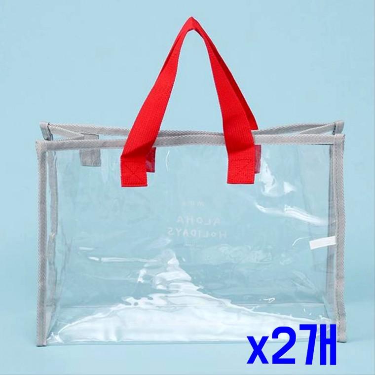 투명 다용도 비치 토트백 (그레이 레드) x2개