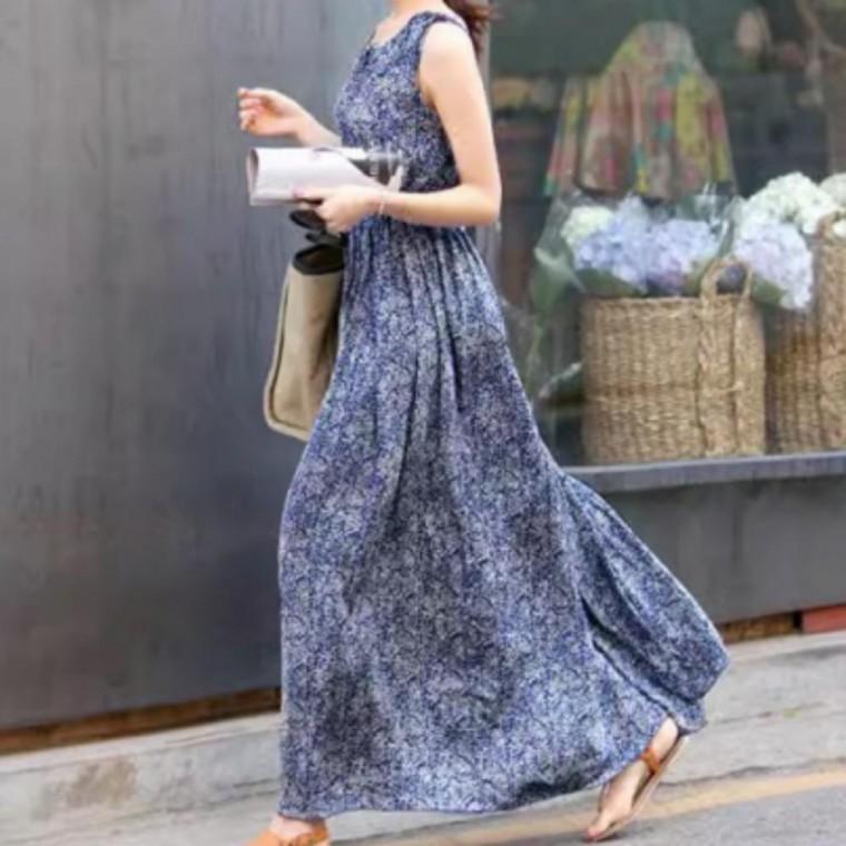 여성 여름 어깨 리본 주름 롱원피스 1P 데일리 바캉스