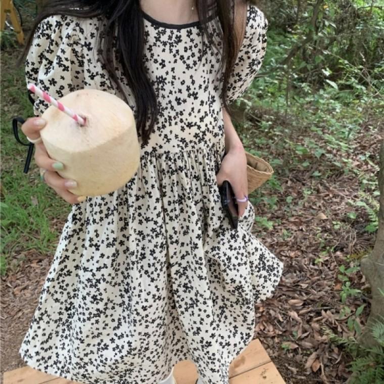 리본장식 원피스 여름 플라워패턴 러블리 셔링 미니