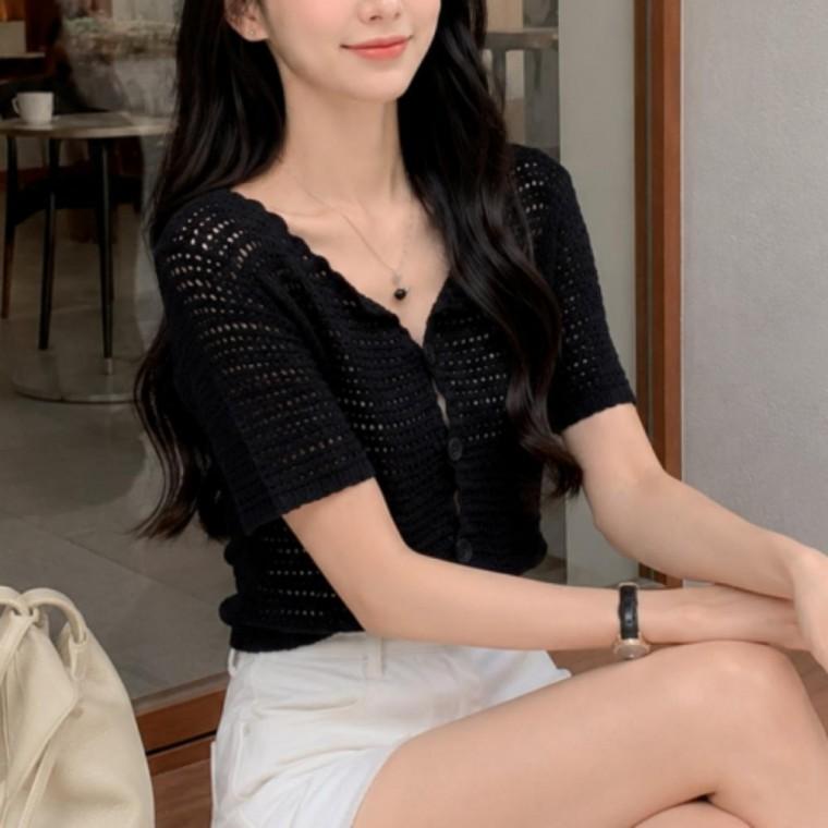 여름 통기성 좋은 펀칭 짜임 반팔 니트가디건 여름 아우터 가디건