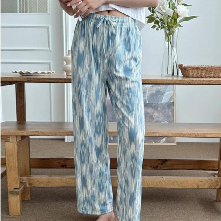 나염 밴딩 통바지 1P 데일리 홈웨어 바지 여성 여름 플 주름 패턴 롱