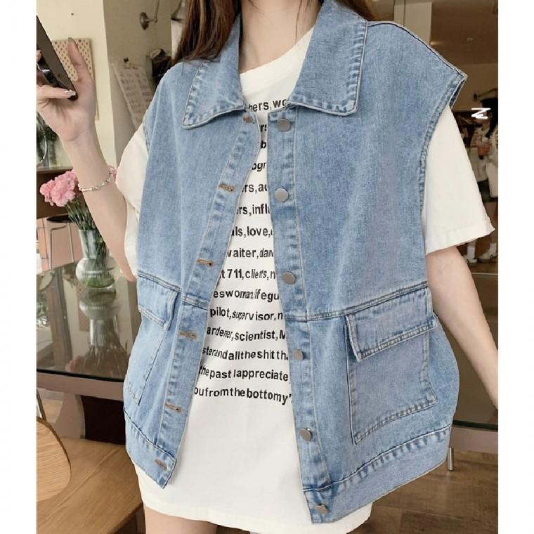 여성 캐주얼 데님 카라 단추 청 조끼