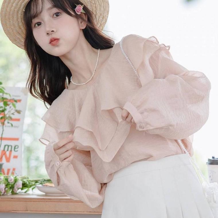 코디피셜 퓨어 레이디 이중 프릴 에어 긴팔 블라우스