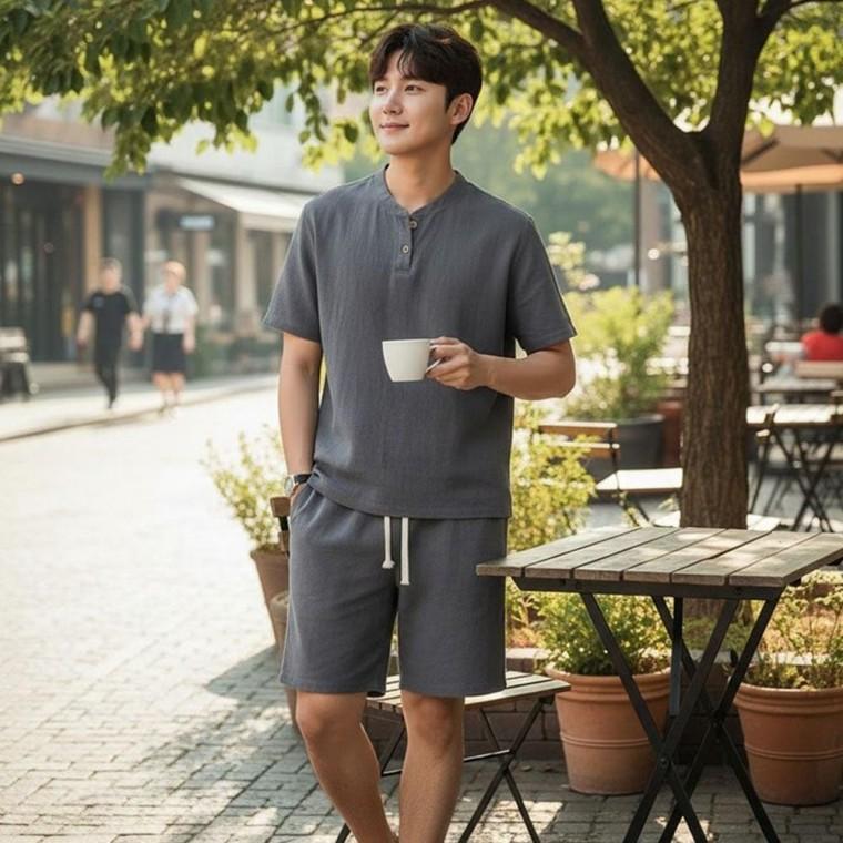 남성 여름 여름바캉스 외출 바캉스 휴양지 홈웨어 패션 헨리넥 반팬츠 반팔 구성