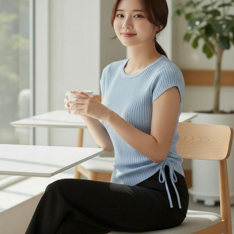 6컬러 팔뚝 여름티셔츠 슬림 셔링 캡소매 여름 반팔 골지티셔츠