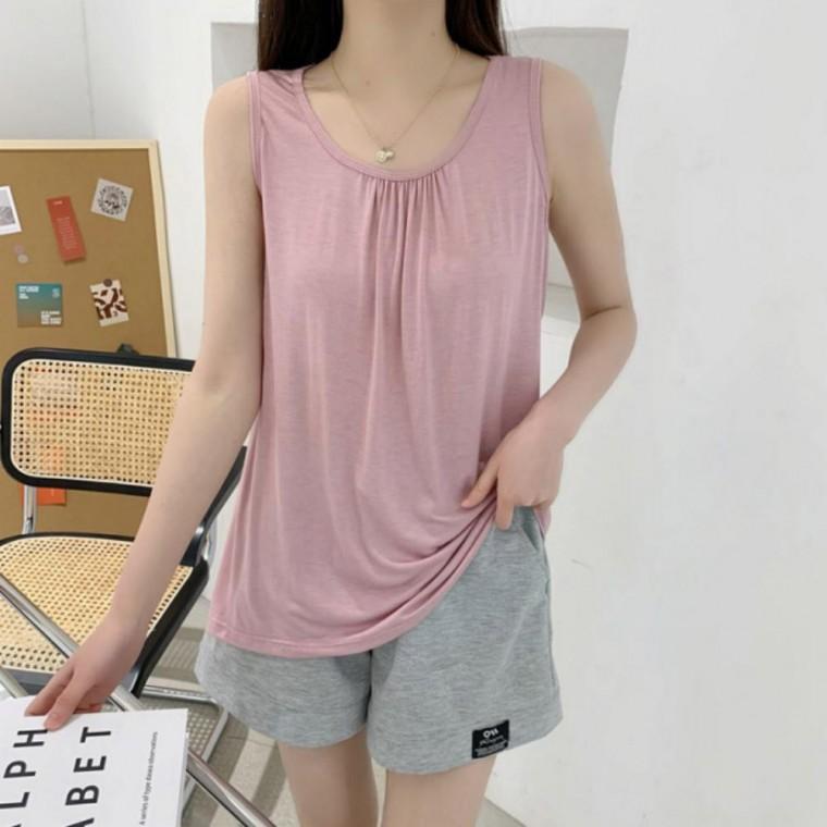 여성 여름 주름 무지 모달 라운드 민소매 나시 티셔츠