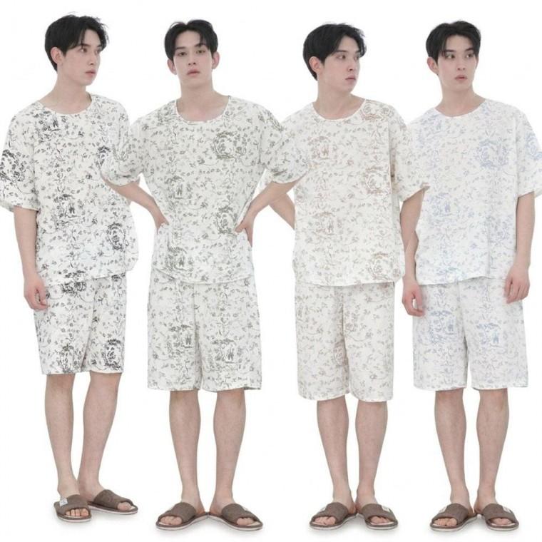 남성 구름면 여름 잠옷 반팔 세트 뜨왈 패턴 커플 홈웨어 파자마 상하세트