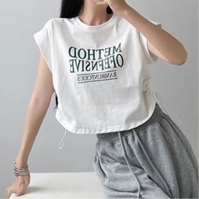 레터링 여성캐주얼티셔츠 여성모던룩 자체제작 민소매 30대여성 여름 셔링 티셔츠 심플룩코디 20대여성