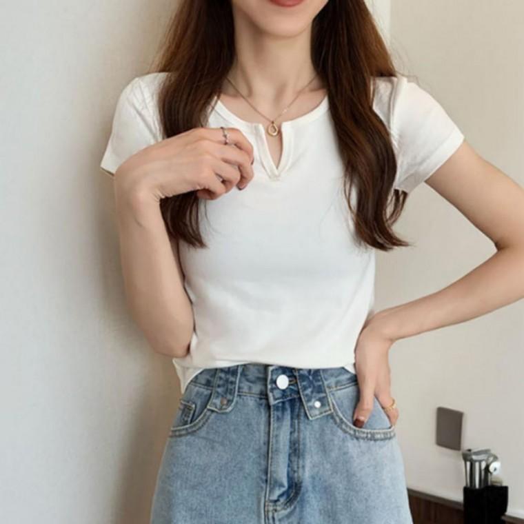 이너티 스판 여자 여성반팔티 브이넥 여름 여성 티셔츠 반팔티 여성티셔츠 슬림