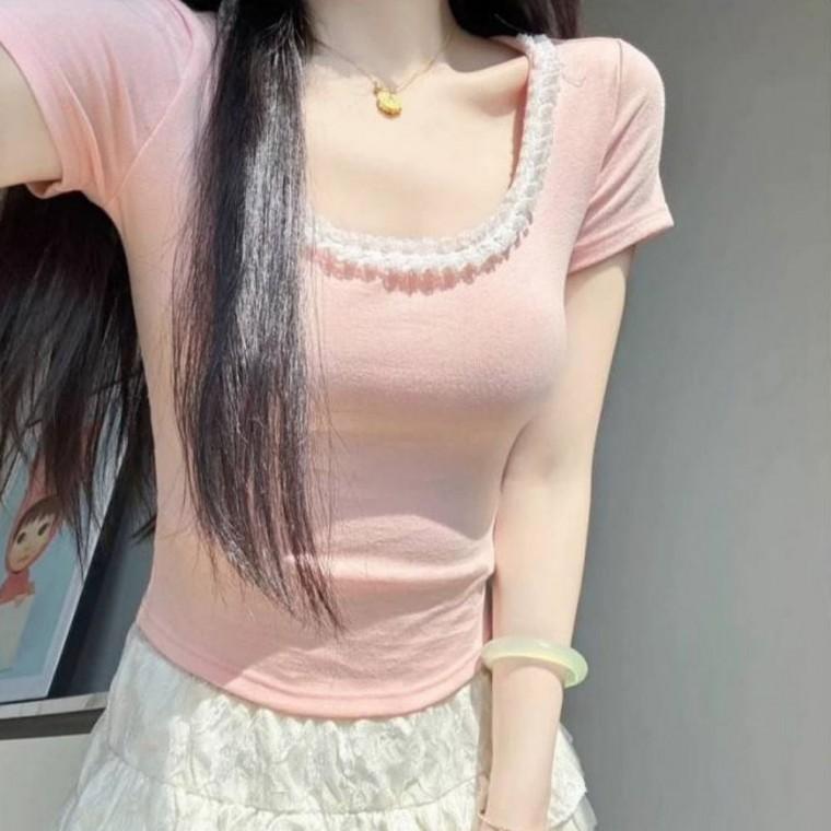 레이스 여리핏 여자반팔티셔츠 여자반팔면티 여름 크롭반팔티셔츠 여자반팔티