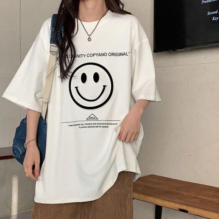 여자반팔면티 스마일 여자여름니트티 오버핏 여자빅사이즈반팔티 롱티셔츠 여자