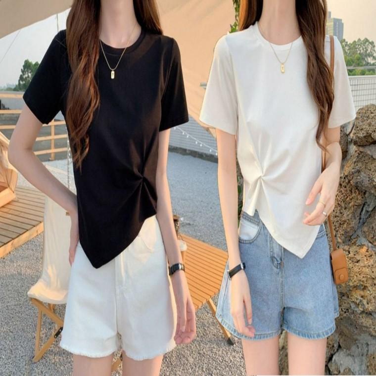 여성티 언발 라운드넥 여름티셔츠 세련된 무지 여성면티셔츠 여성 여성니트티