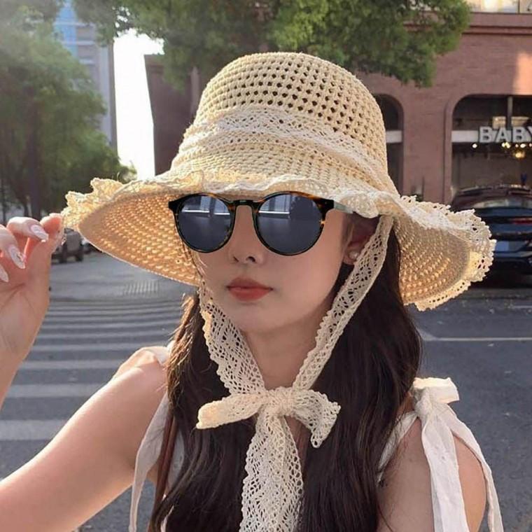여자 레이스 끈 포인트 밀짚 소재 네추럴 모자 비치캡 왕골 보닛햇 보넷 라탄 밀짚모자