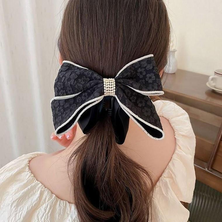 블랙 아이보리 배색 포인트 여성 리본 진주 바나나핀 머리핀 헤어핀 집게핀 바나나삔