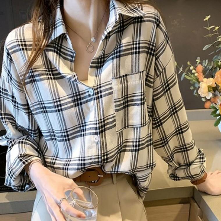 포켓 여성 체크 남방 여자 루즈핏 긴팔 셔츠 블라우스