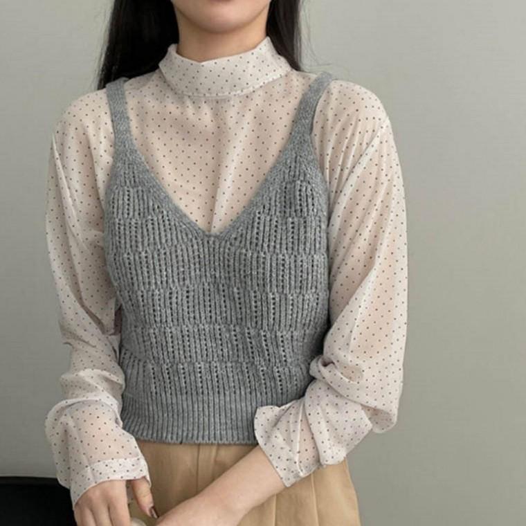 여성 레이어드 스타일 니트 그물 펀칭 가벼운 조끼 셔츠 셔츠반팔 티셔츠 여자 반팔티