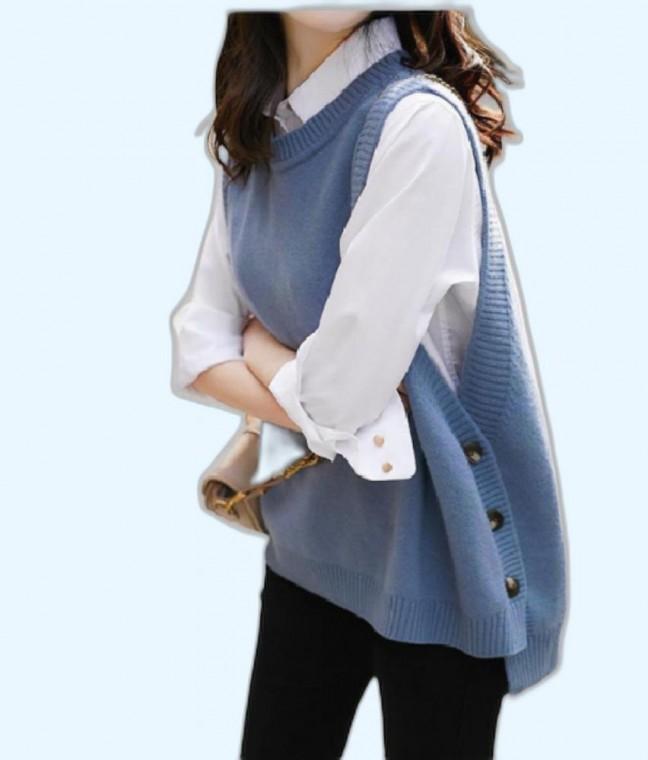여성 사이드 버튼 니트 조끼 캐주얼 베스트 데일리