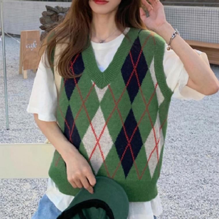 여성 니트 브이넥 크롭 조끼 체크 베스트 데일리