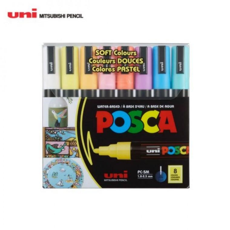 유니 포스카 2.5mm 8색 소프트컬러세트 PC-5M 8C SOFTCOLOR 물번짐 냄새걱정 없는 선명한 발색 수성마카