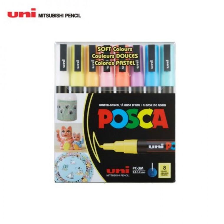 유니 포스카 1.3mm 8색 소프트컬러세트 PC-3M 8C SOFTCOLOR 물번짐 냄새걱정 없는 선명한 발색 수성마카