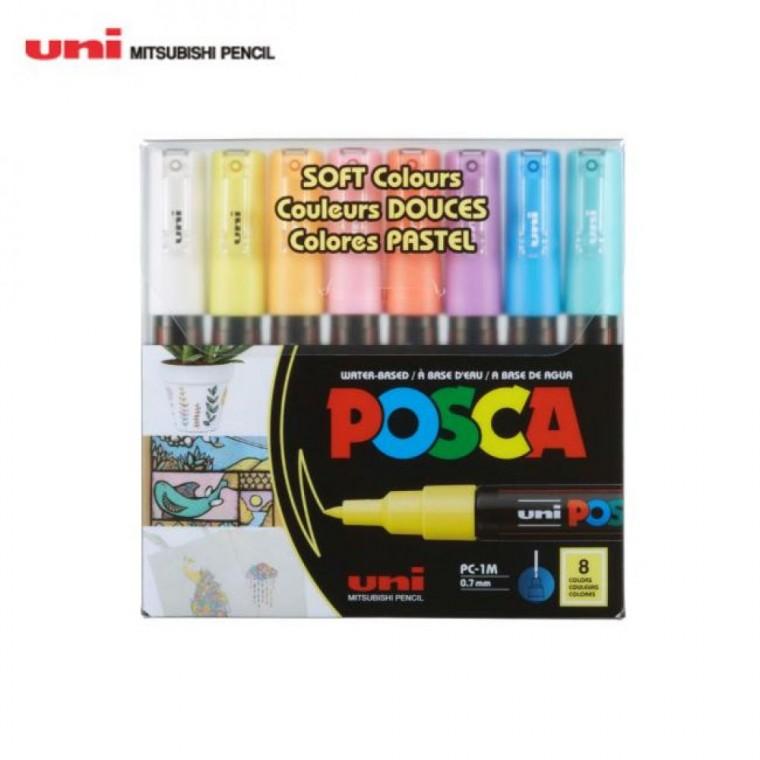 유니 포스카 0.7mm 8색 소프트컬러세트 PC-1M 8C SOFTCOLOR 물번짐 냄새걱정 없는 선명한 발색 수성마카