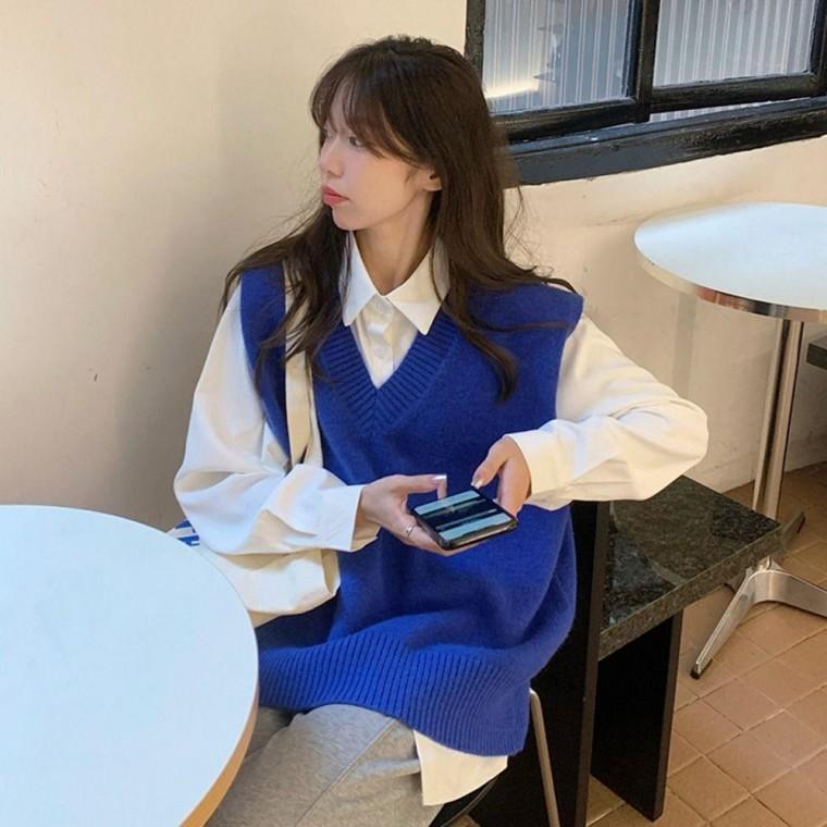심플한 오버핏 브이넥 니트 베스트 한니트 조끼 베이직 루즈핏 캐주얼 데일리