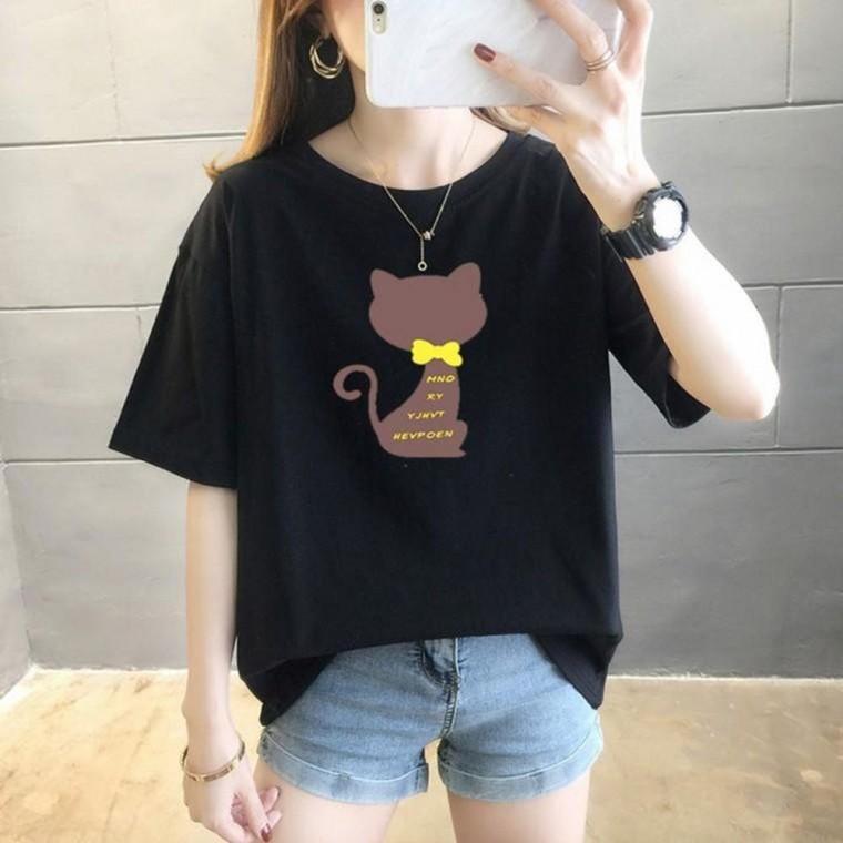 여성 티셔츠 프린팅 고양이 루즈핏 반팔 실 라운드넥