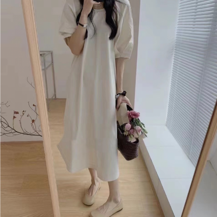 여성 퍼프소매 코튼 원피스 무드핏 A라인 여름 플레어 데일리룩