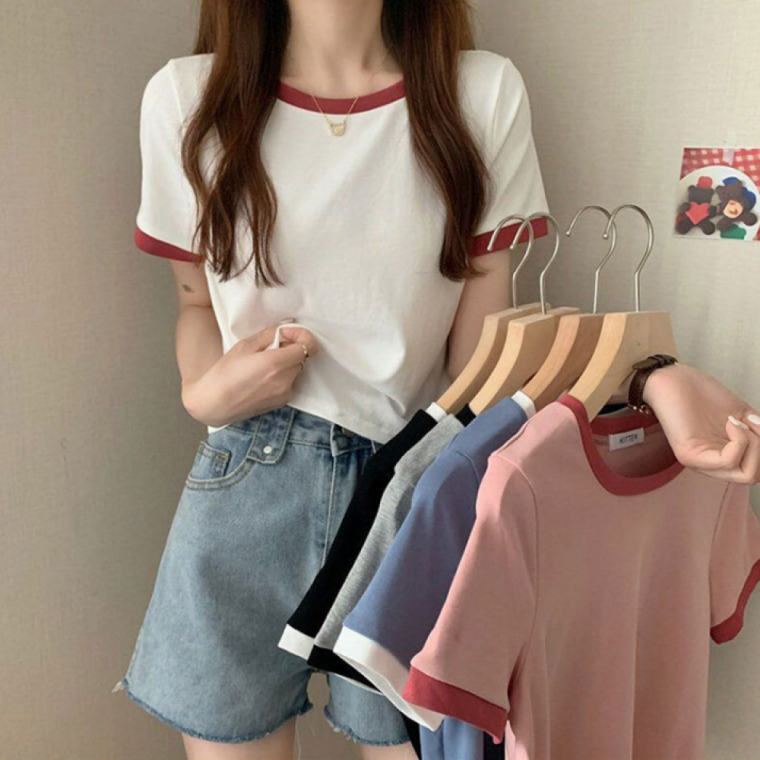 여성 투톤 배색 반팔티 크롭 티셔츠 캐주얼 데일리 반팔 상의